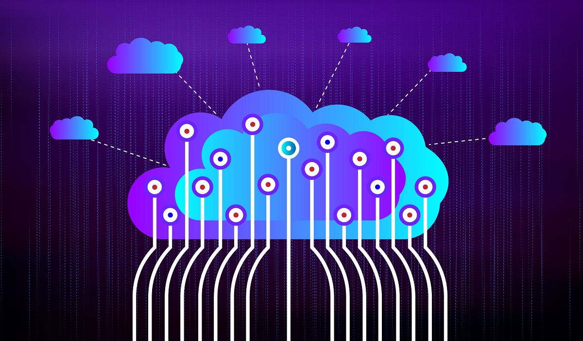 云技术网络具有白色连接和服务器位置在深蓝色背景上