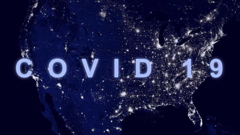 COVID-19冠状病毒在美国，在美国地图上命名COVID。全球经济受到美国冠状病毒疫情和大流行的冲击。